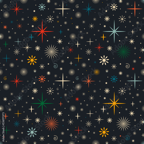 Vintage retro seamless pattern with stars. Christmas background with snowflakes