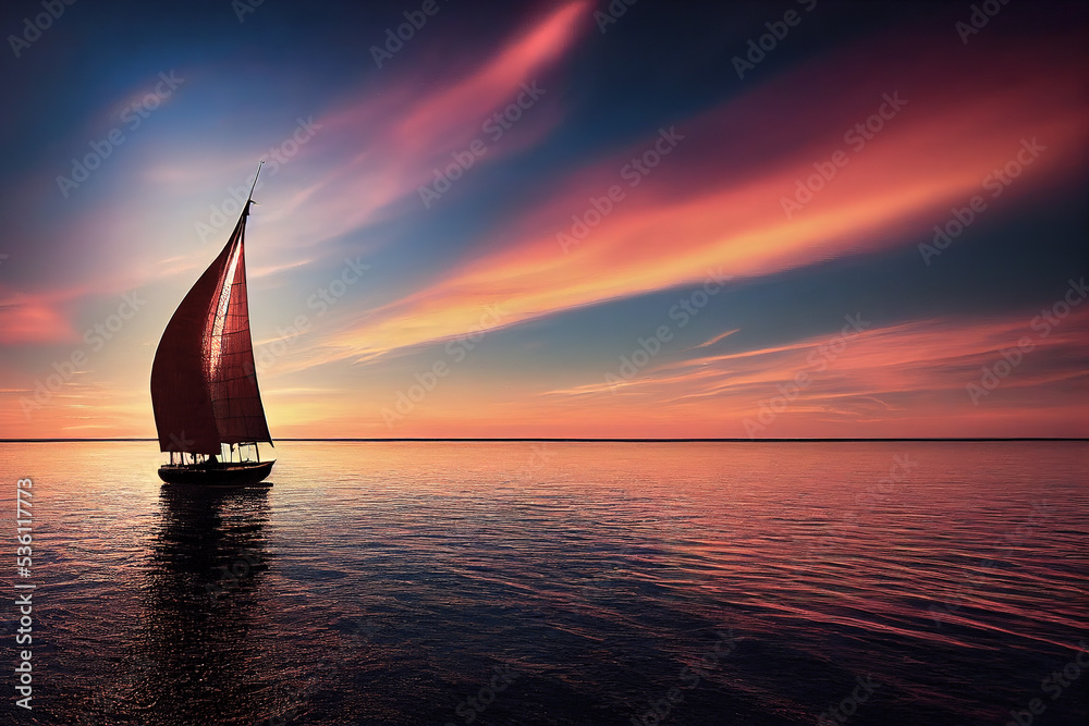 Seascape at sunset with blurred water with sailboat  generative ai