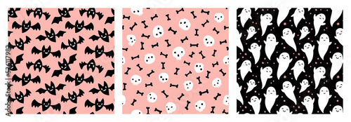 Black and white bats, skulls, bones, ghosts and stars Halloween pattern set on pastel pink and black backgrounds.