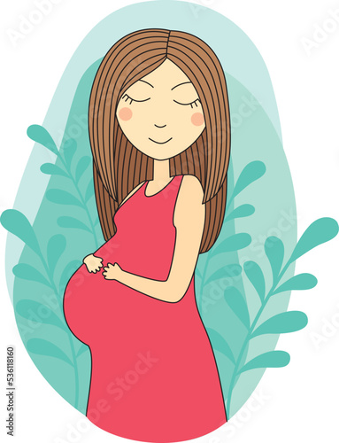 Pregnant woman with a dreamy face in a pink dress. Vector illustration