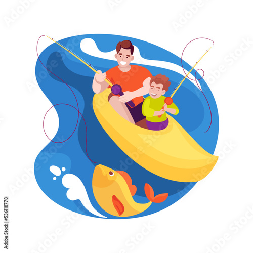 Canoe fishing isolated cartoon vector illustration.