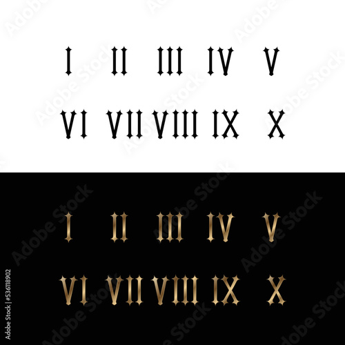 Gold and Black roman numerals set elegant ancient number font 1 to 10 old luxury math for templates and retro.  Vector illustration isolated.
