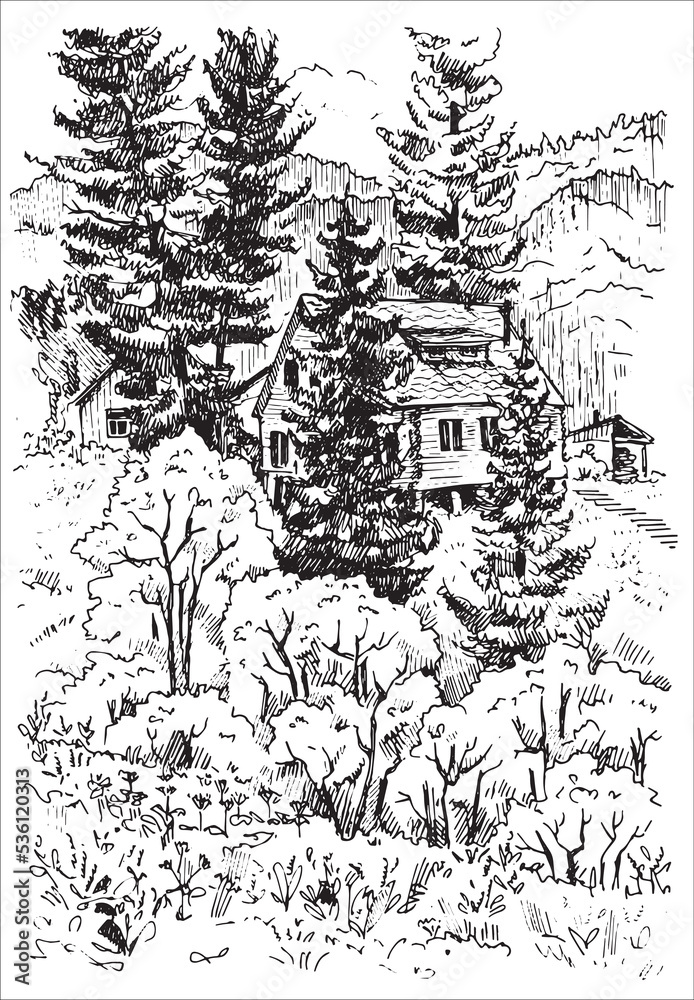 Fototapeta premium linear vector black and white drawing landscape wooden house in the forest