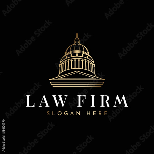 Gold vector icon law, building Front entrance, and dome of the West Virginia capitol building along the Kanawha River in Charleston in the background black, building law West Virginia.