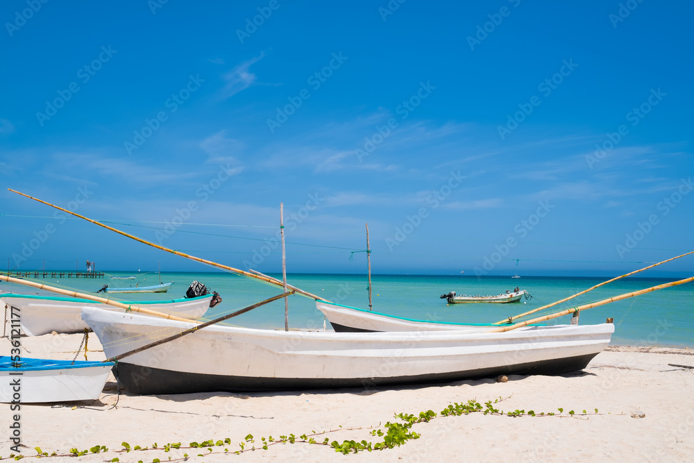 Boats at the beach of Progreso near Merida in Mexico