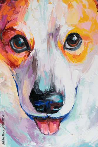 Oil dogs portrait painting in multicolored tones. Conceptual abstract painting of a welsh corgi pembroke muzzle.