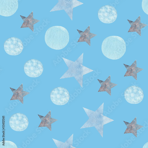 Seamless pattern with stars and snowballs. Trendy style for design of newborn boy s room  children s room  greeting card  wrapping paper  bed linen 