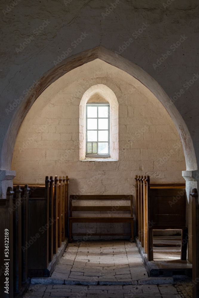 Stevns Klint, Denmark, The interior of the 11 th century old Hojerup Church 
