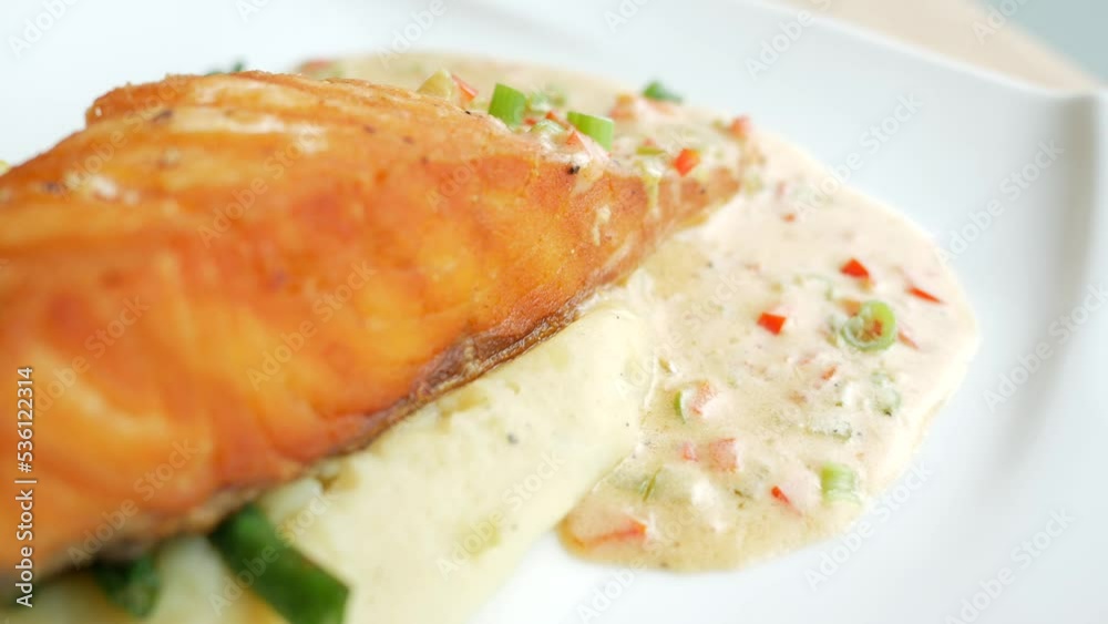 tasty salmon, mash potato and vegetable on plate tasty salmon, mash potato and vegetable on plate