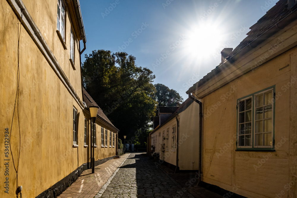 Maribo, Denmark A cute back alley in the downtown with yellow houses
