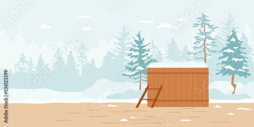 Hot tub in winter forest. Outdoor recreation in wooden barrel on terrace with snowy landscape, fir, pine trees. Thermal bath in nature. Vector illustration, panoramic banner with copy space.