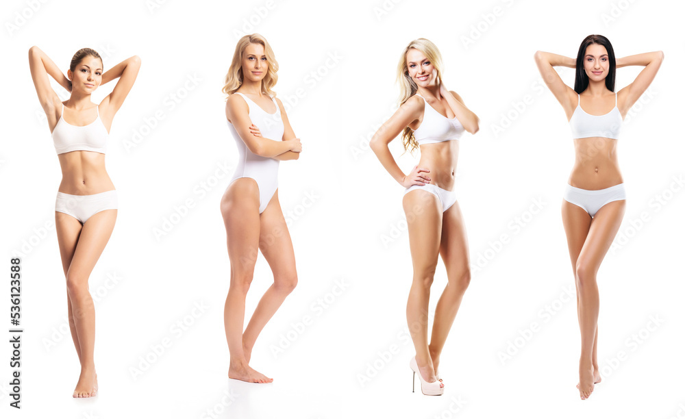 Young, fit, happy and beautiful blond woman in white swimsuit isolated on white background - set collection. Healthcare, diet, sport and fitness. Young, fit, happy and beautiful blond woman in white swimsuit isolated on white background - set collection. Healthcare, diet, sport and fitness.
