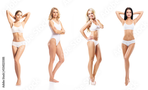 Young, fit, happy and beautiful blond woman in white swimsuit isolated on white background - set collection. Healthcare, diet, sport and fitness.