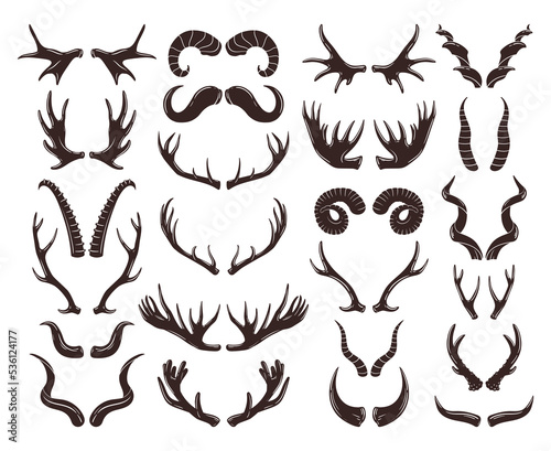 Mammals horns, cartoon animal antlers silhouettes. Wild horned animals, goat, antelope, ram, buffalo, reindeer and antelope horns flat vector symbols set. Hunting trophy antlers collection