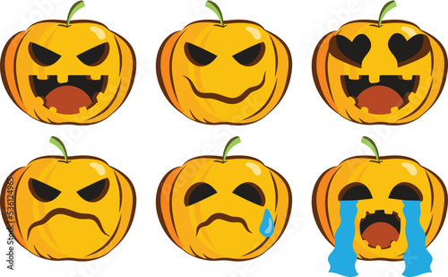 Cartoon halloween Pumpkin with some emoji face on white background