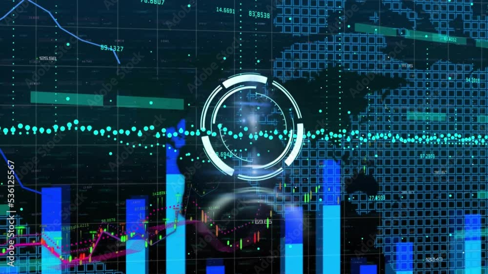 Animation of circles and multicolored graphs with digits and squares forming map
