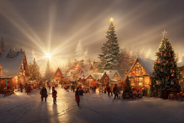 Christmas village with Snow in vintage style. Winter Village Landscape. Christmas Holidays. Christmas Card.  3d illustration
