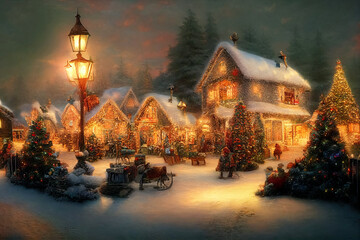 Christmas village with Snow in vintage style. Winter Village Landscape. Christmas Holidays. Christmas Card.  3d illustration