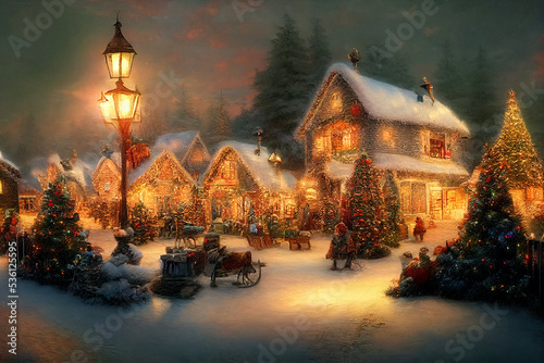 Christmas village with Snow in vintage style. Winter Village Landscape. Christmas Holidays. Christmas Card.  3d illustration