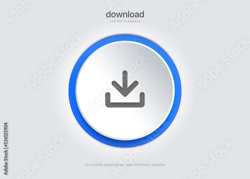 3D download icon button. Upload icon. Download symbol, sign. Down arrow bottom side symbol. Save cloud icon push button for ui ux website mobile app