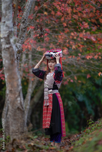 Women of Lisu Hill Tribe show colorful and beautiful traditional clothes walking in maple garden