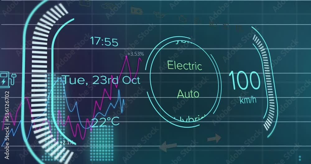 Animation of digital infotainment display with multicolored graphs over blue background Animation of digital infotainment display with multicolored graphs over blue background
