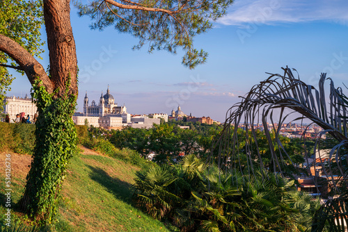 From the viewpoint of the area, view of the royal palace, Almudena Cathedral and the city of Madrid. Photography made in Madrid, Spain.