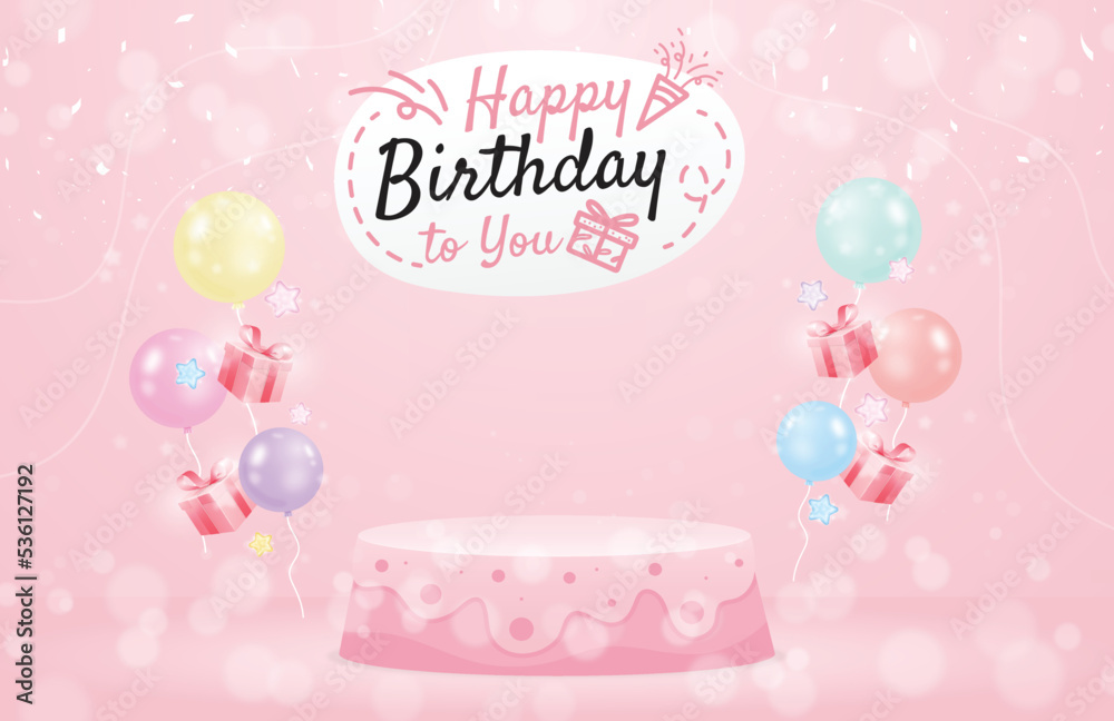 Minimal style birthday banner template design, with cake podium and typography.