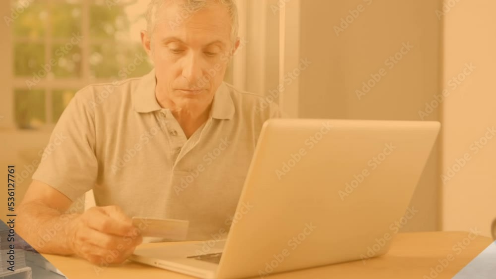 Animation of shapes over caucasian man using laptop for online shopping Animation of shapes over caucasian man using laptop for online shopping