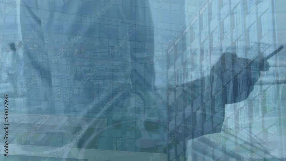 Animation of cityscape over african american man using smartphone Animation of cityscape over african american man using smartphone