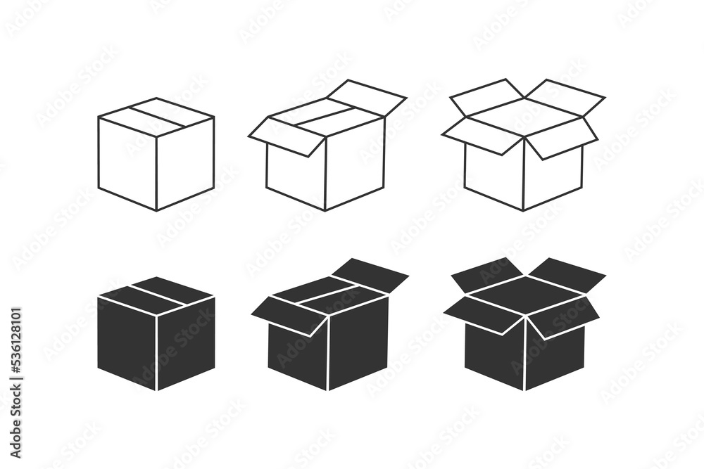 Paper box icon. Closed and open container symbol. Sign delivery package vector flat.
