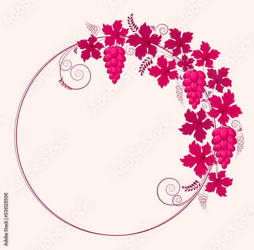 Wreath pattern from branches of leaves and bunches of grapes in vintage style. Design element for the concept of growing grapes and making wine. Vector illustration in red wine color.
