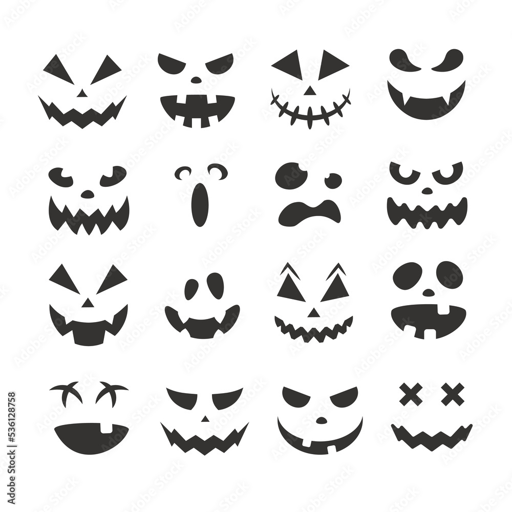 Scary and funny Halloween pumpkin faces and grimaces. Ghost silhouette. Vector illustration isolated. Scary and funny Halloween pumpkin faces and grimaces. Ghost silhouette. Vector illustration isolated.
