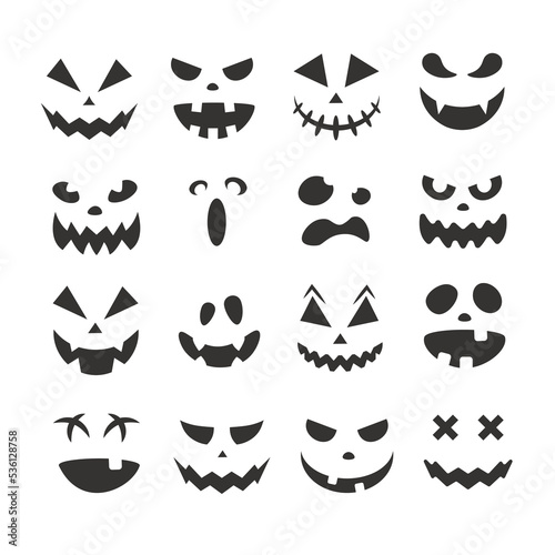 Scary and funny Halloween pumpkin faces and grimaces. Ghost silhouette. Vector illustration isolated.	
