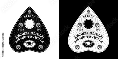 Ouija Board in Pointer shape for halloween party. Planchette play for calling souls and demons. Ghosts and demons calling game wth gothic typography. Black and white symbols of moon ,sun, texts.