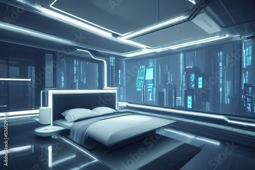 Luxurious futuristic bright and spacious bedroom with huge floor-to-ceiling panoramic windows. Outside the windows is a cyberpunk city with neon lights. 3D render © Valeriy