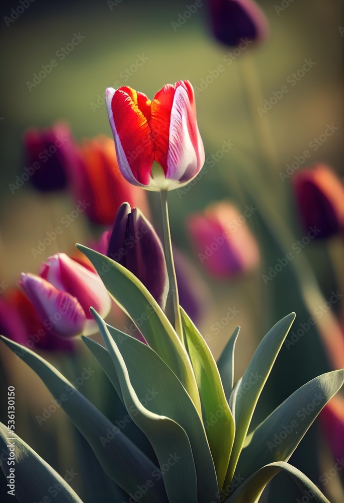 a red and white tulip in a field of flowers, a small flower is shown in