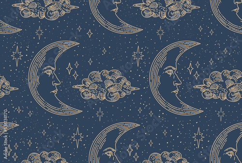 Night sky seamless pattern. Moon with a human face. Magic crescent. Set of linear vector illustrations. Heavenly illustrations. design elements for decoration in a modern style.