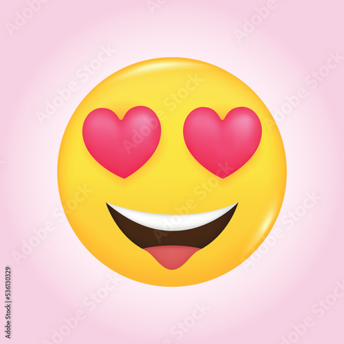 In love emoji icon. 3d face smile for love chat, message design. Heart eyes symbol, beauty kiss emoji sticker. Cute cartoon social network sign. Vector illustration