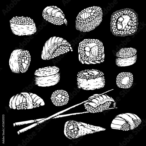 Sushi. Set. Stock vector illustration. Hand drawing. Isolated on black. Black and white sketch. For product packaging, labels. Asian food.Business card for sushi. Sushi menu, sushi bar