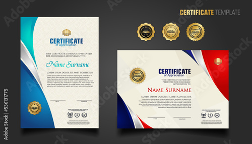 Modern certificate template with beautiful combination color on waving shape background
