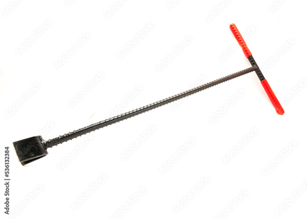 Steel heavy duty street and curb water meter key with red t-handle covered with vinyl to open and close meter valves isolated on white background