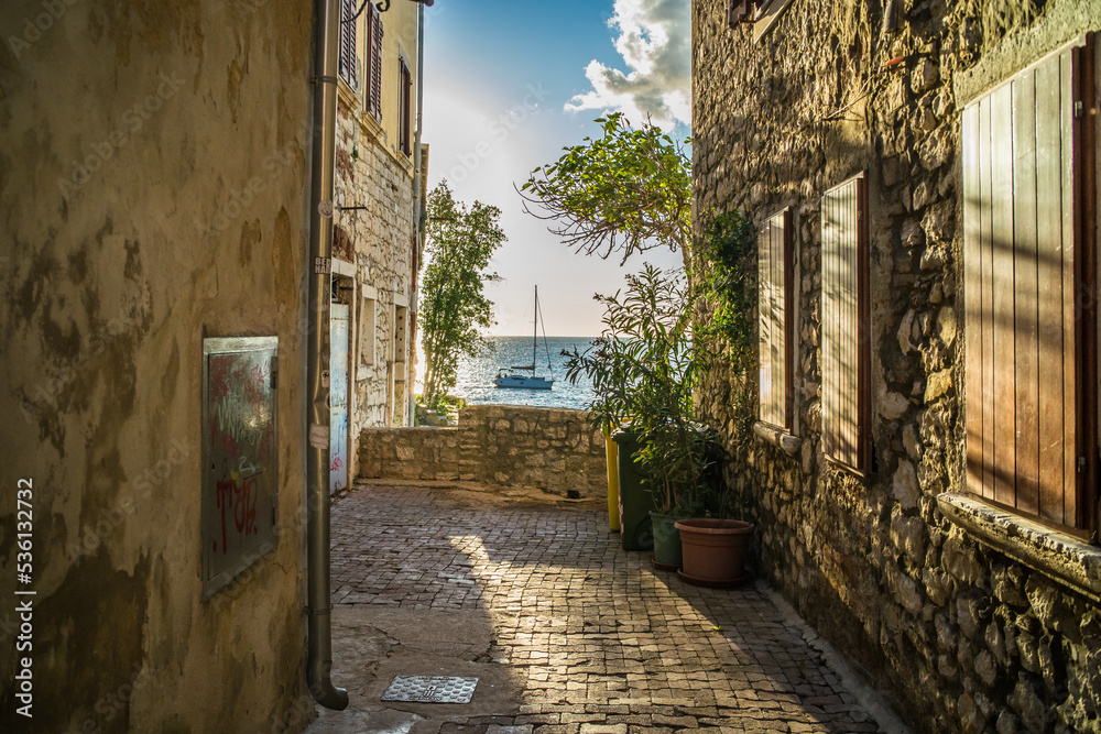 old, historic buildings in the historic old town of Rijeka, narrow streets, tenement houses, stone houses