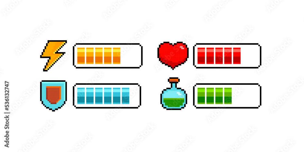Pixel Load Button 8-bit pixel load scale icon set for retro game design. Pixel heart ...