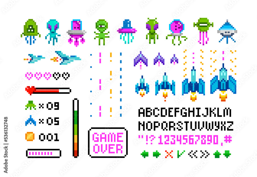 Retro 8 bit arcade game design set with icons, signs, font alphabet. Ufo aliens, space ships. Vintage 8 bit computer game assets. Pixilated Space arcade characters. Isolated vector illustration
