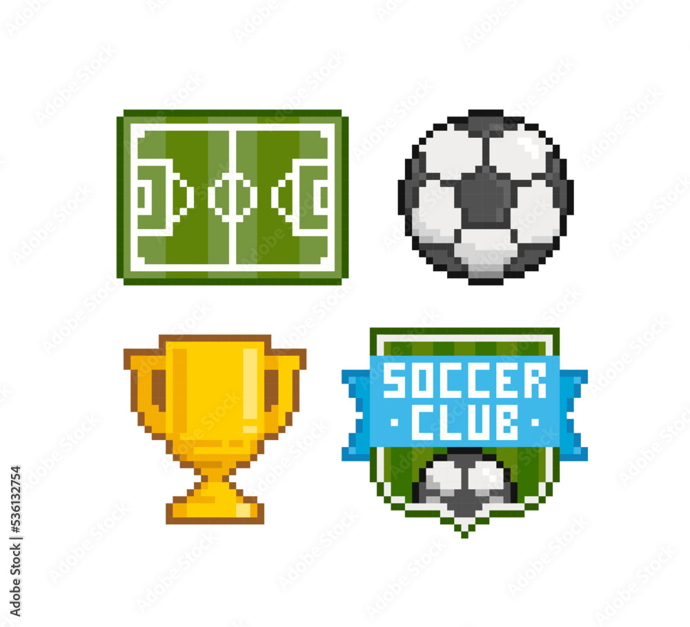 Vecteur Stock Pixel Art Football vector icons set. Soccer ball, Football  field, Club Emblem, Trophy Cup in 8-bit retro game style. Pixel Football  icon set | Adobe Stock
