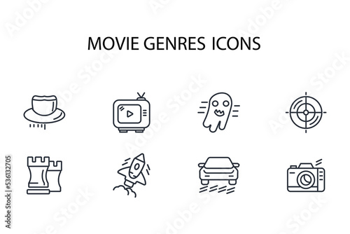 movie genres thin line icons. Vector illustration isolated on white. Editable stroke.