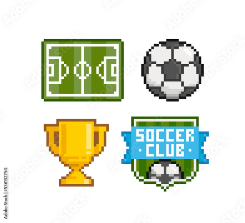 Pixel Art Football vector icons set. Soccer ball, Football field, Club Emblem, Trophy Cup in 8-bit retro game style. Pixel Football icon set