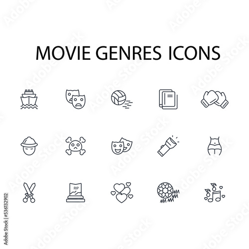 movie genres thin line icons. Vector illustration isolated on white. Editable stroke.