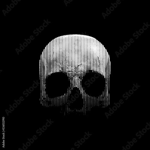 Engraved skull vector black and white illustration. Halftone art